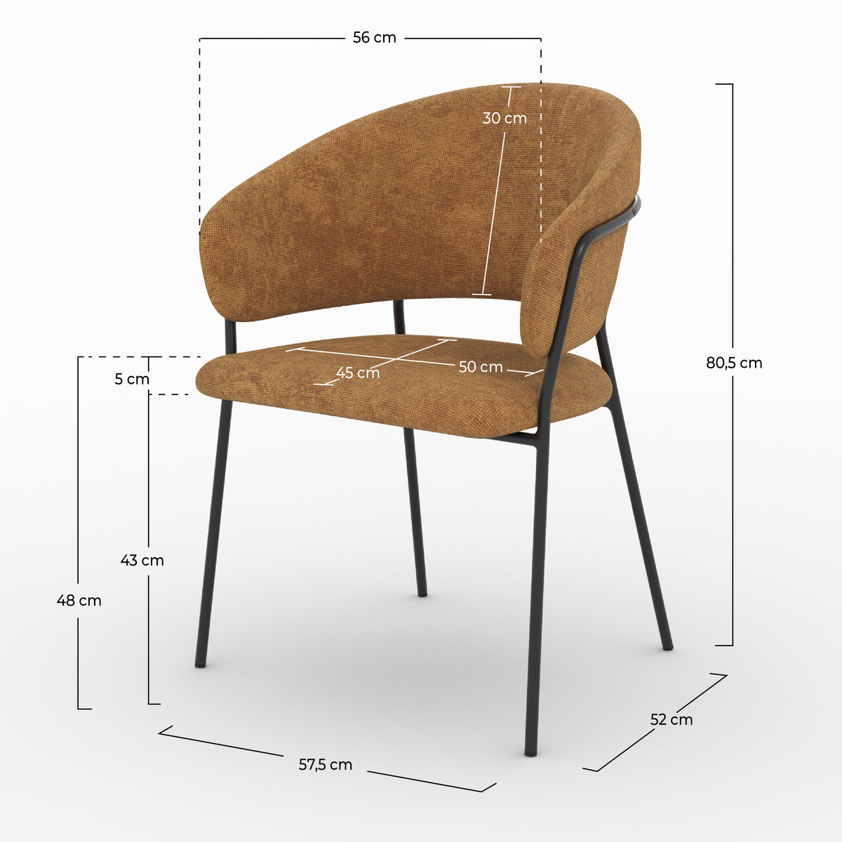 Dimensions de la chaise Amaya en tissu caramel et pieds en métal noir - Maison Pavane