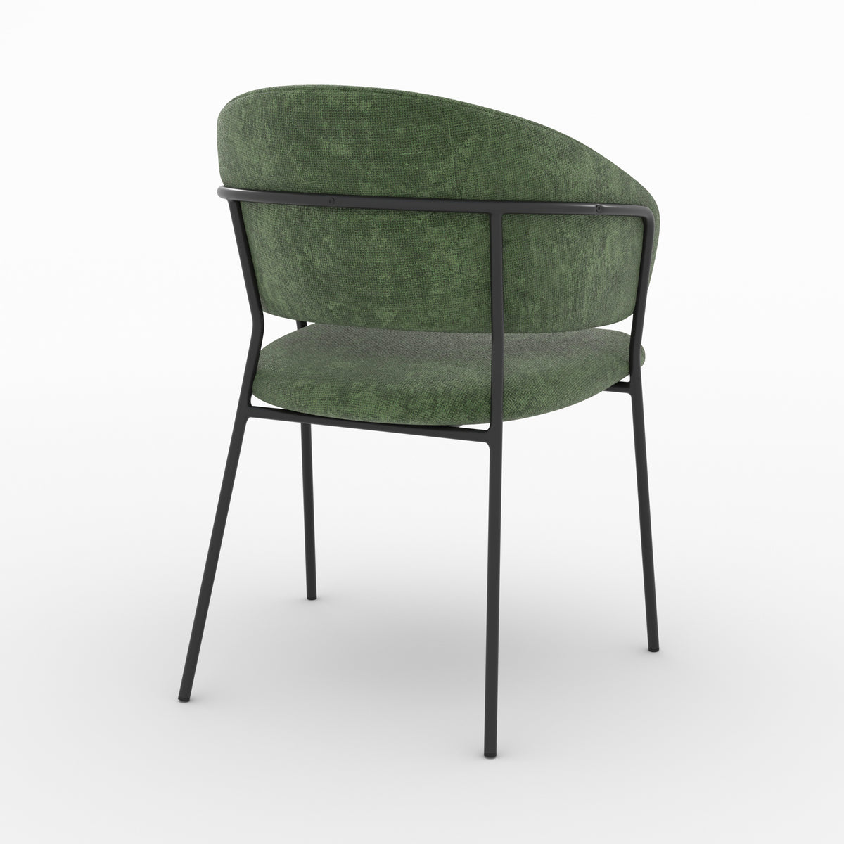 Chaise Amaya en tissu vert sapin et pieds en métal noir, vue de trois quarts arrière - Maison Pavane