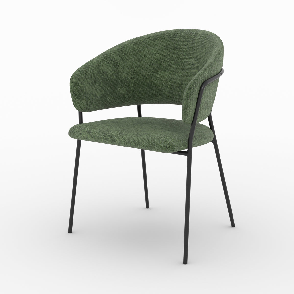Chaise Amaya en tissu vert sapin et pieds en métal noir, vue de trois quarts - Maison Pavane