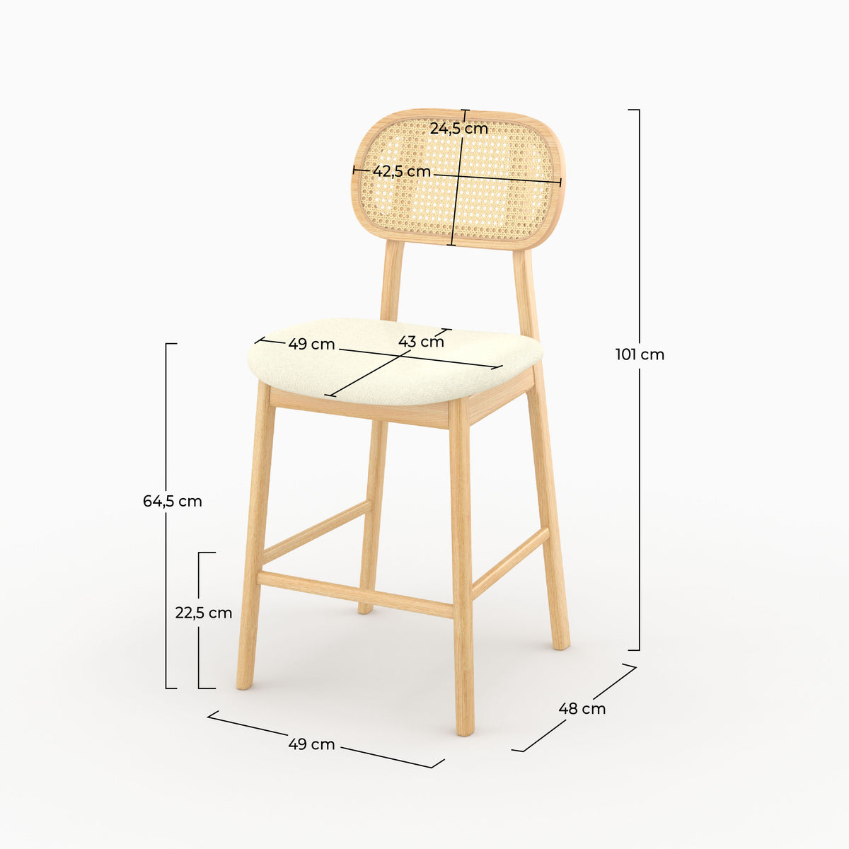 Chaise bar Maria mi-hauteur bois clair cannage dimensions 64,5 cm – Maison Pavane