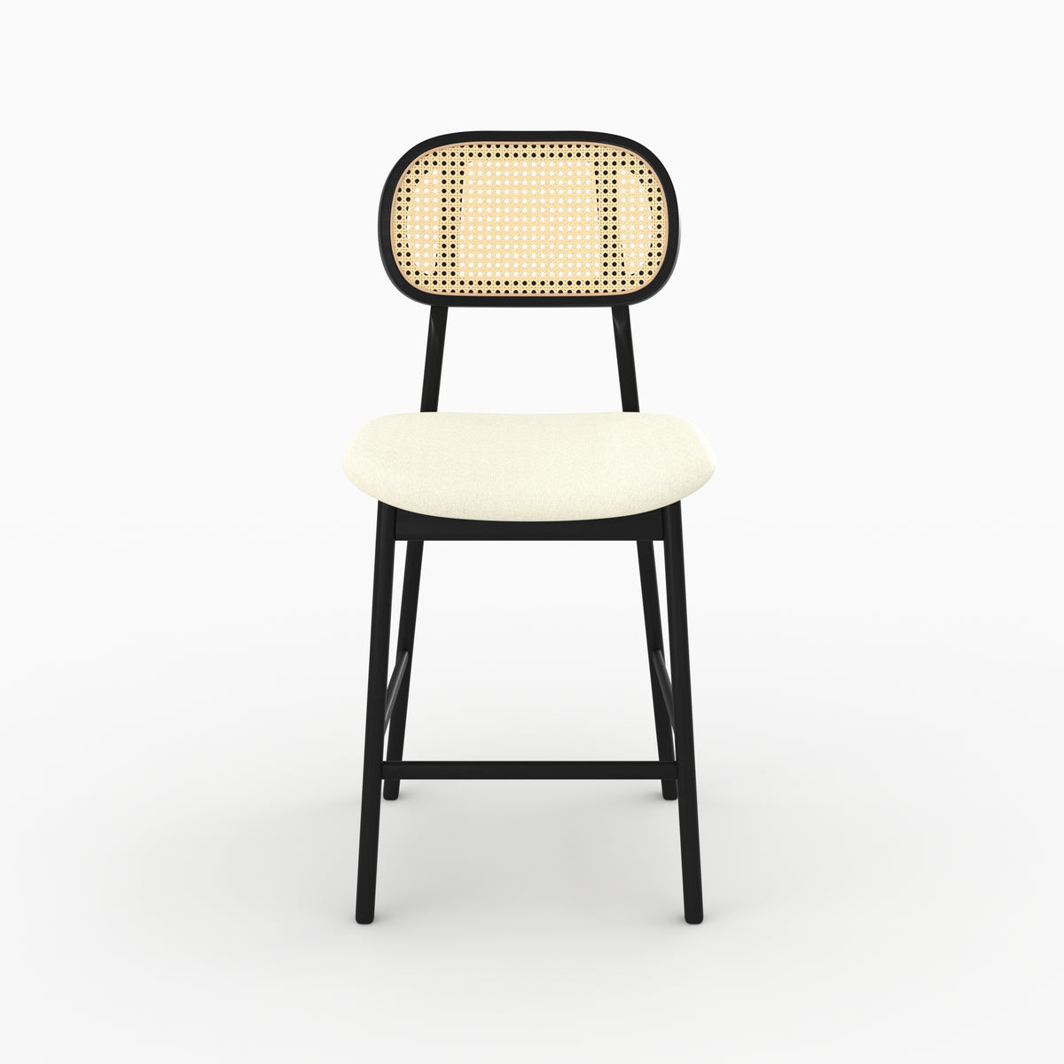 Chaise bar Maria mi-hauteur bois noir cannage assise beige vue face – Maison Pavane