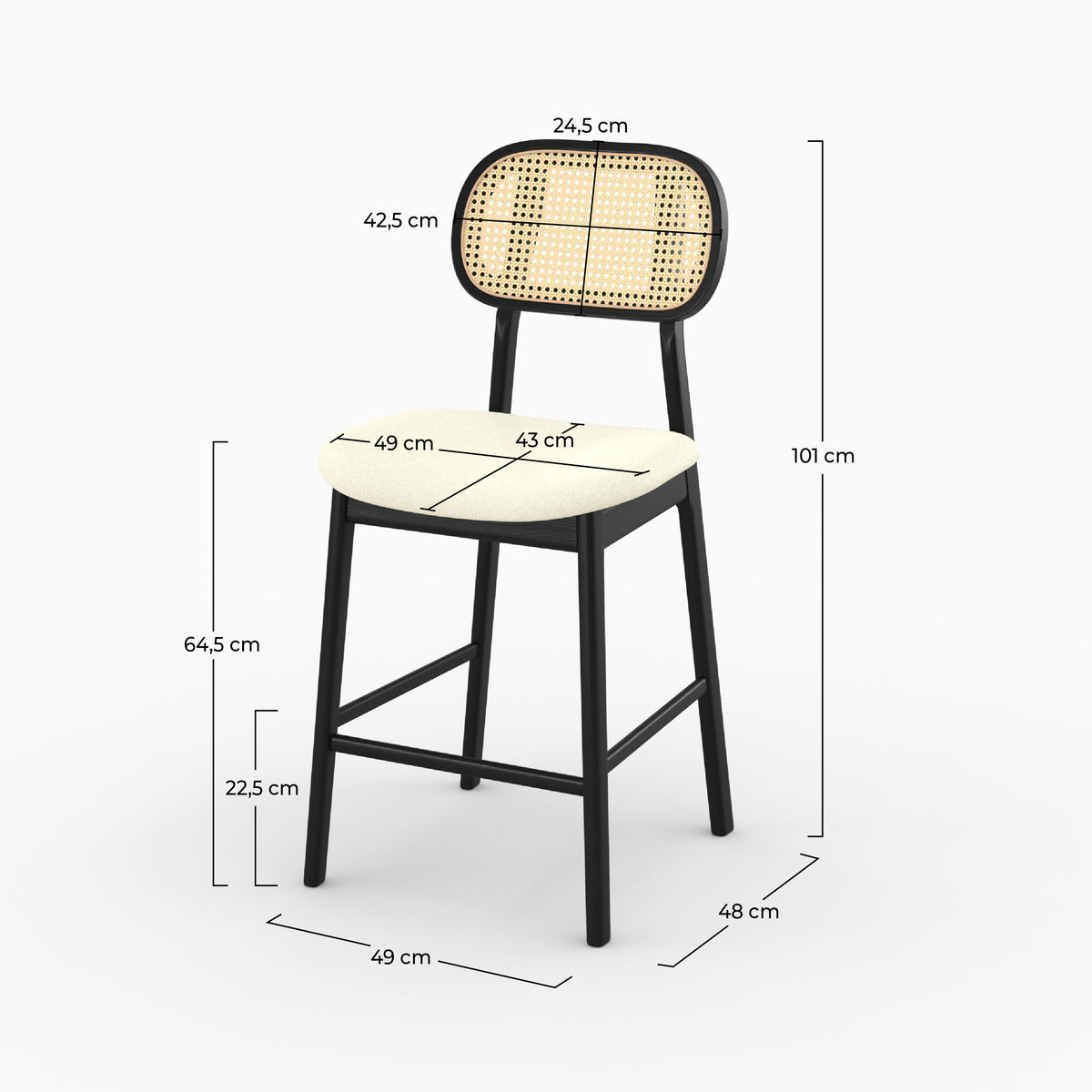Chaise bar Maria mi-hauteur bois noir cannage dimensions 64,5 cm – Maison Pavane
