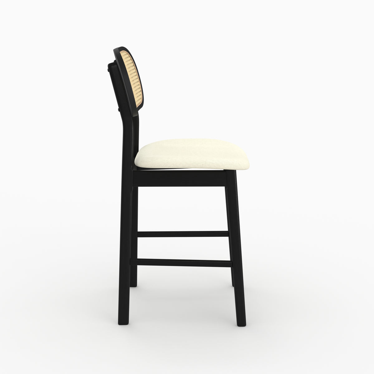 Chaise bar Maria mi-hauteur cannage bois noir assise crème vue profil – Maison Pavane