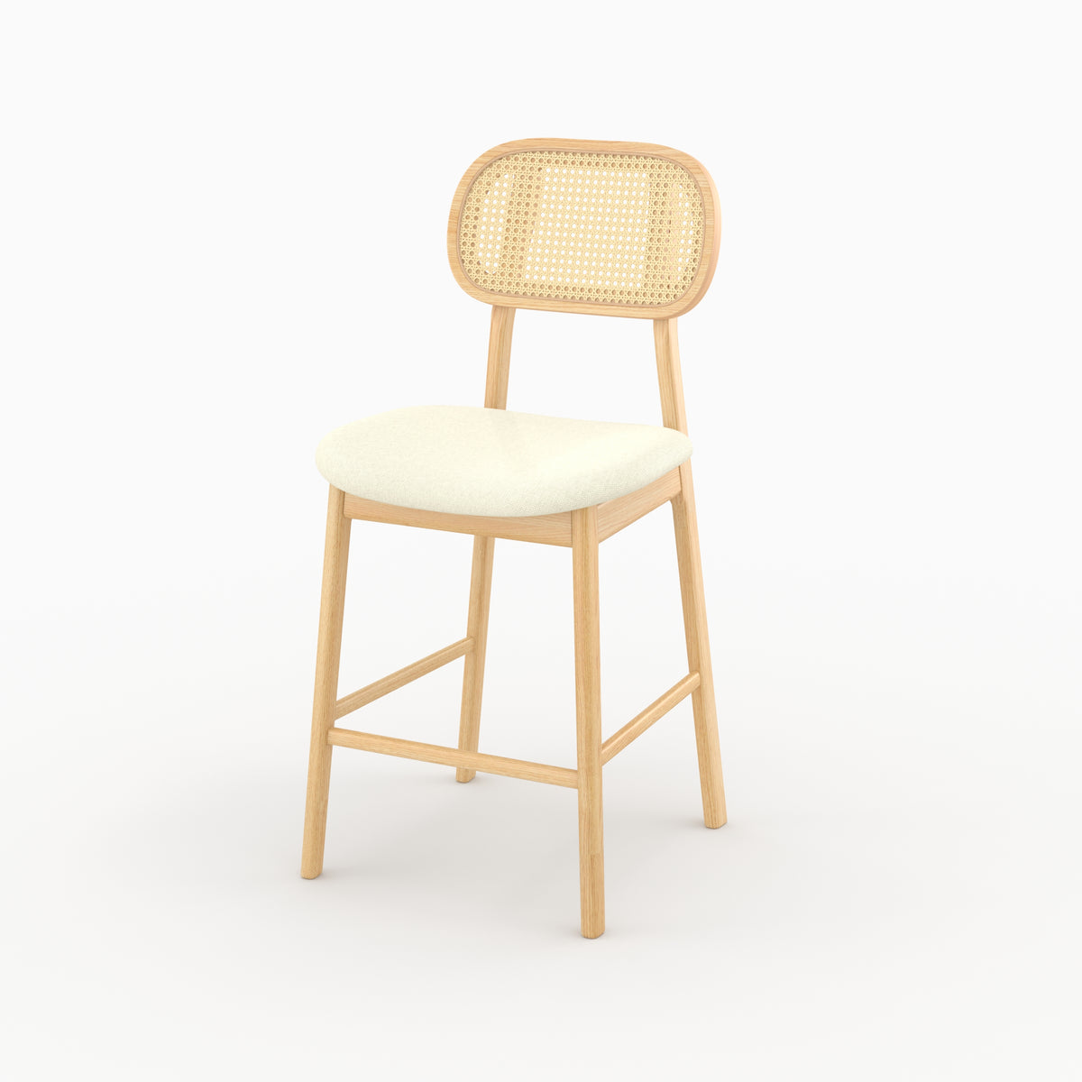 Chaise bar Maria mi-hauteur cannage rotin bois clair assise beige trois quarts – Maison Pavane