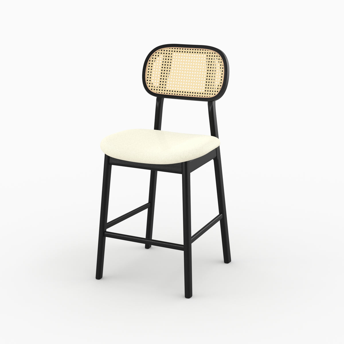 Chaise bar Maria mi-hauteur cannage rotin bois noir assise beige trois quarts – Maison Pavane
