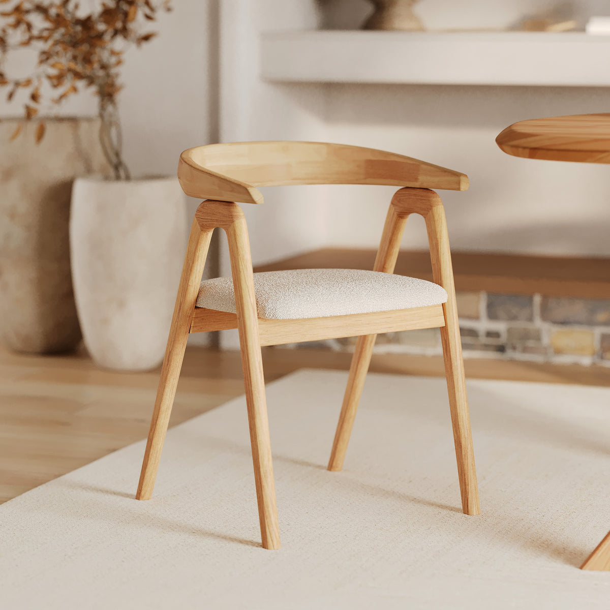 chaise bois clair dossier arrondi tissu beige hevea hwa
