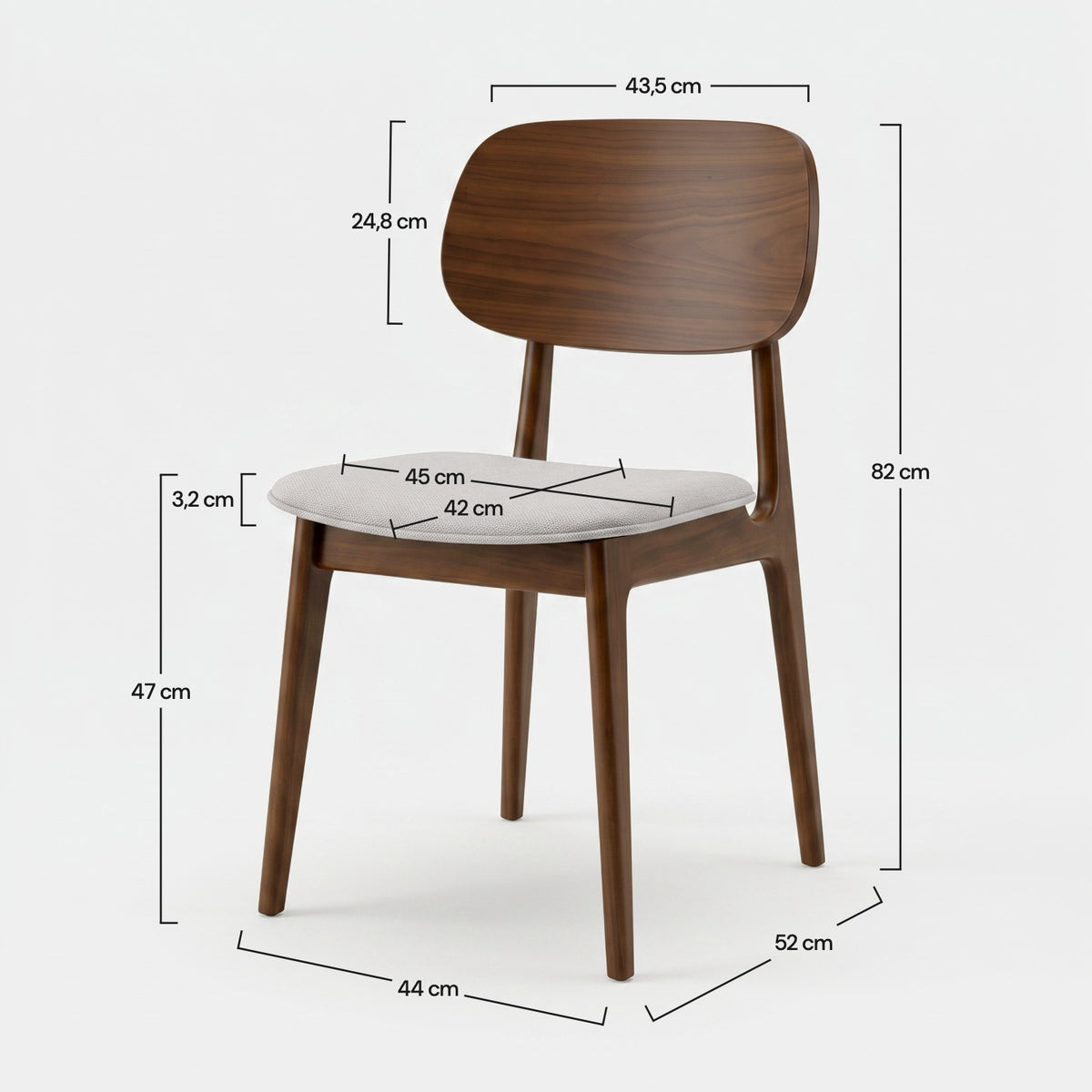 Dimensions de la chaise Charlize en bois foncé et tissu gris clair - Maison Pavane