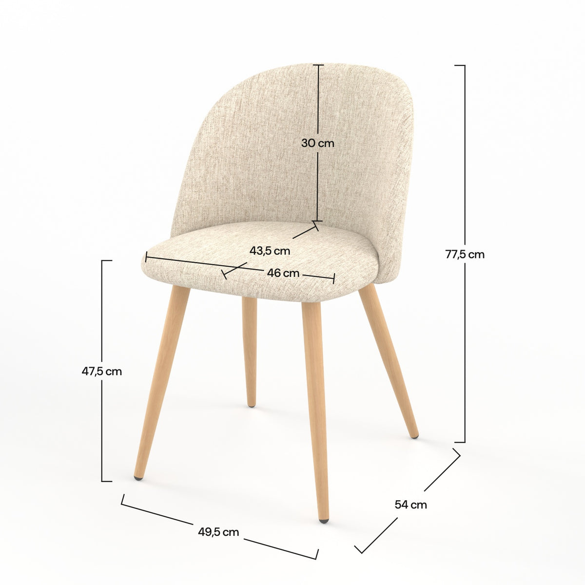Dimensions de la chaise Cozy en tissu greige et pieds en métal imitation bois - Maison Pavane