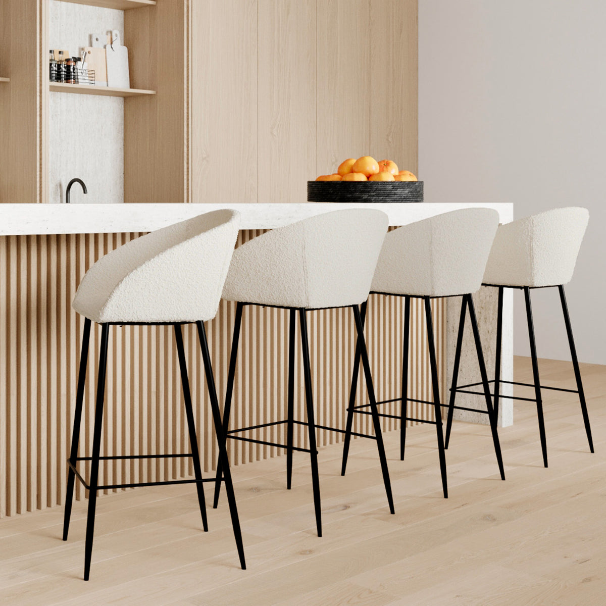 chaise de bar 75 cm en tissu boucle blanc pieds noirs