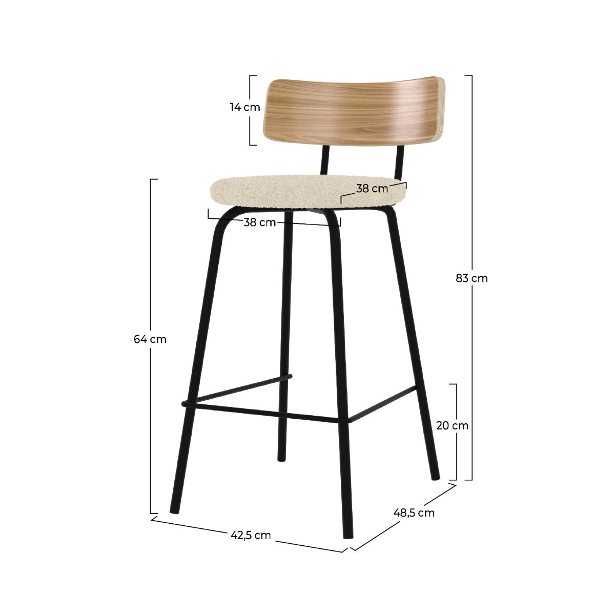 chaise de bar alize en tissu boucle beige et pieds en metal