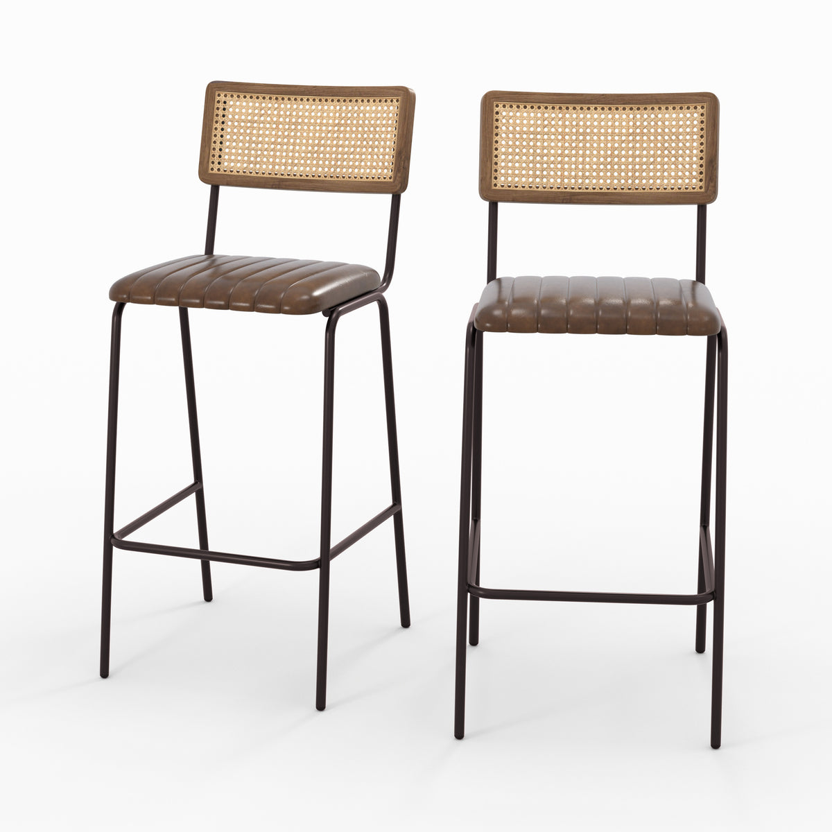 Chaise de bar Arsène en cannage et cuir marron, lot de 2 - Maison Pavane
