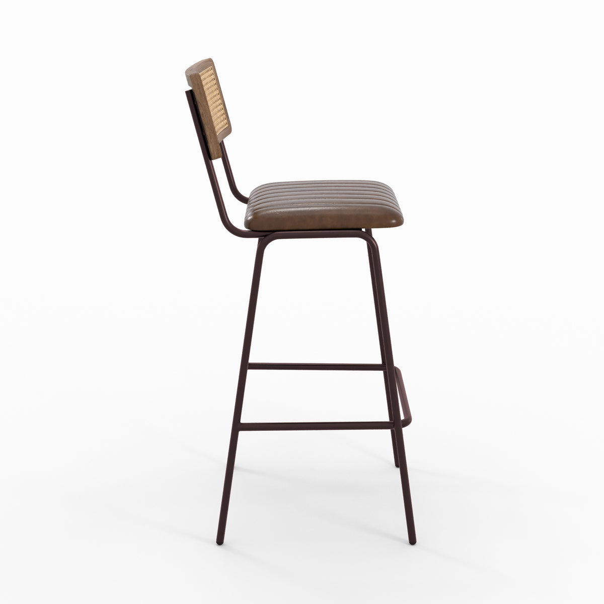Chaise de bar Arsène en cuir marron et cannage, vue de profil - Maison Pavane
