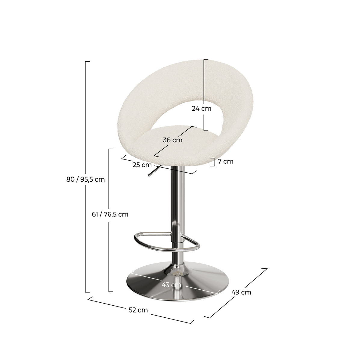 sgabello cloclo tessuto crema bouclé piedi in metallo cromato regolabile
