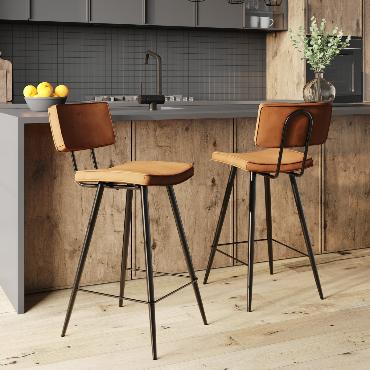 chaise de bar en cuir camel pieds noirs texas