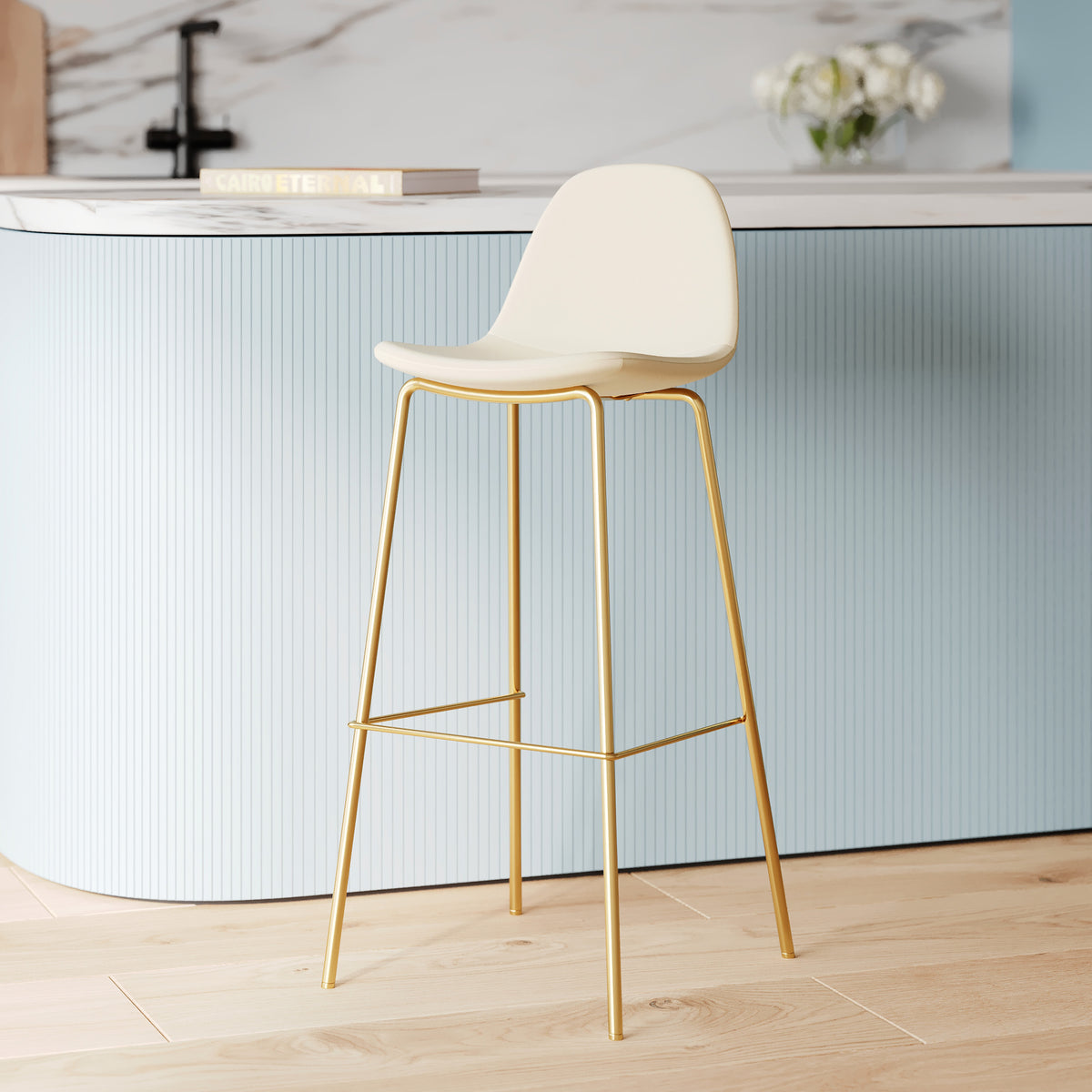 chaise de bar henrik cuir synthetique blanc pieds dores unite