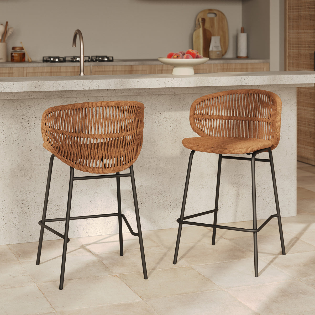 Chaise de bar Lara rotin synthétique pieds métal noir lot de 2 – Maison Pavane