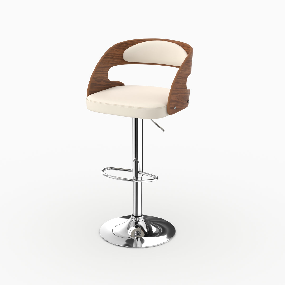 Chaise de bar Louis réglable pivotante bois courbé noyer blanc trois quarts avant – Maison Pavane