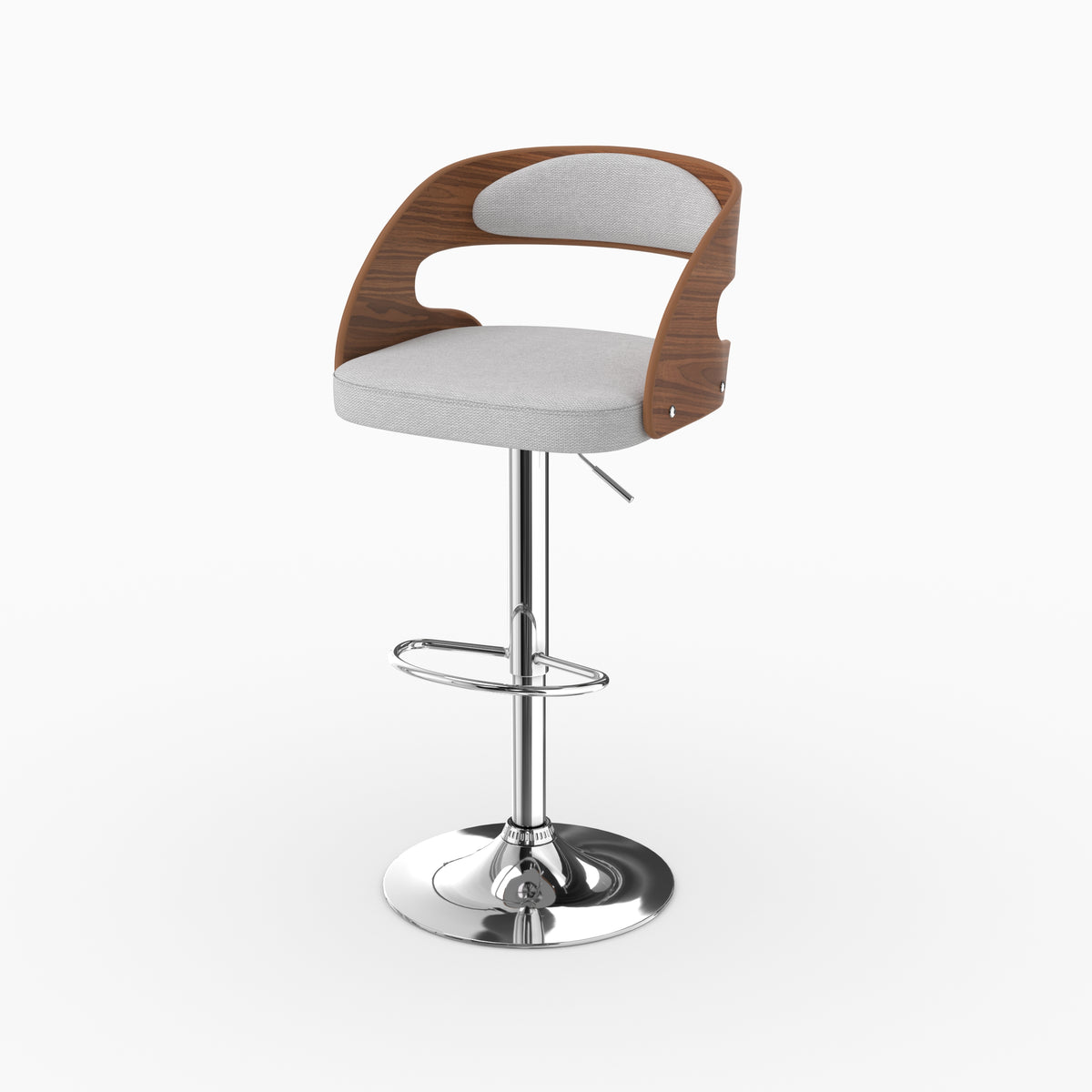 Chaise de bar Louis réglable pivotante bois courbé noyer gris clair trois quarts avant – Maison Pavane