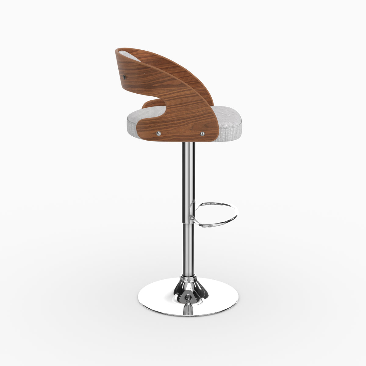 Chaise de bar Louis scandinave bois courbé noyer gris clair profil – Maison Pavane