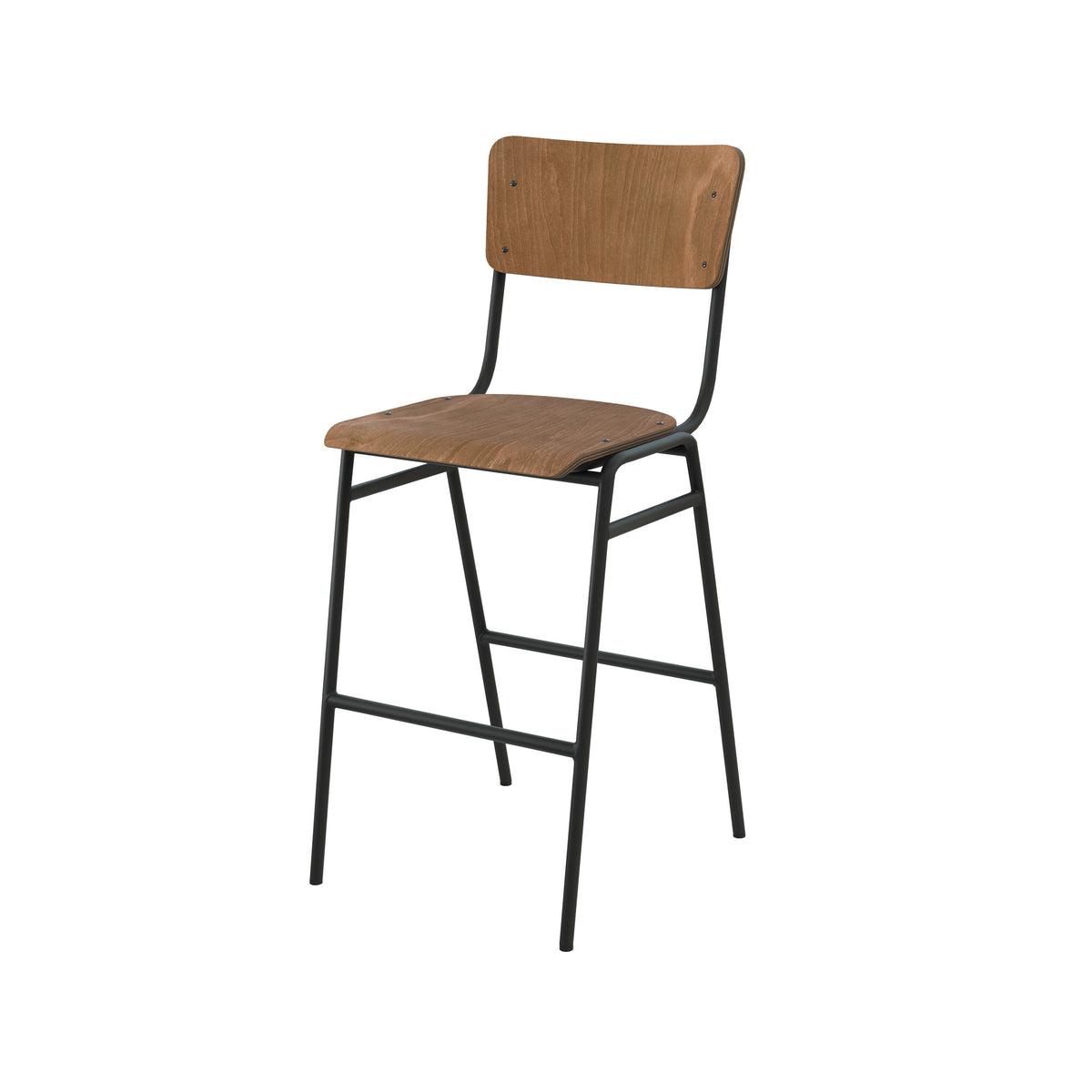 Chaise de bar mi-hauteur Clem assise bois foncé trois quarts face – Maison Pavane