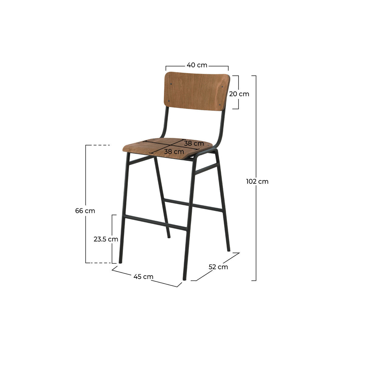 Chaise de bar mi-hauteur Clem bois foncé dimensions – Maison Pavane