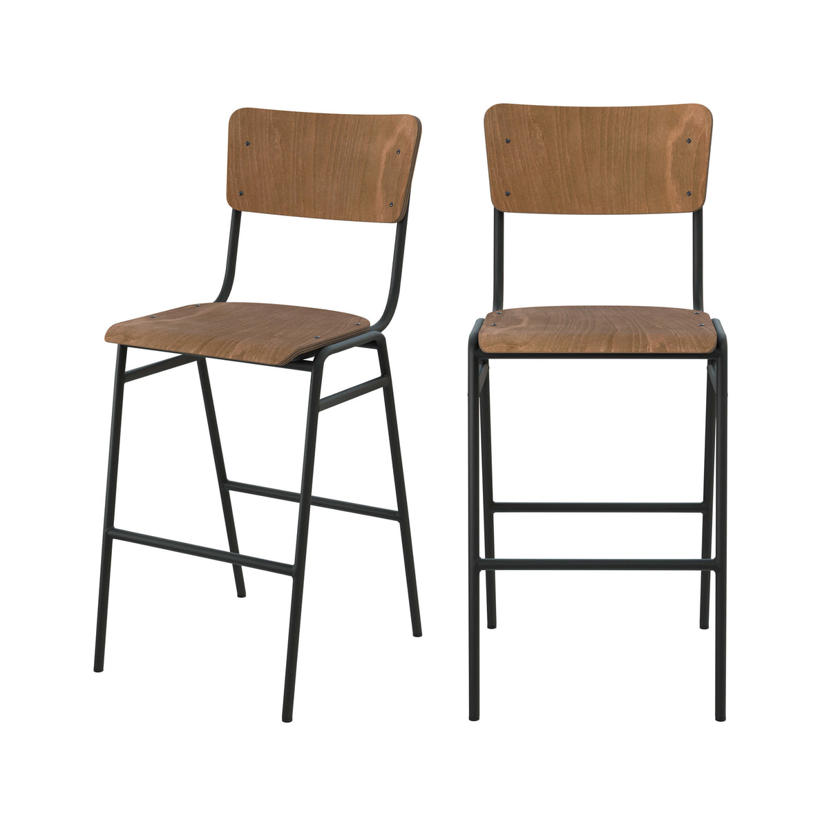 Chaise de bar mi-hauteur Clem bois foncé lot de 2 vue face – Maison Pavane