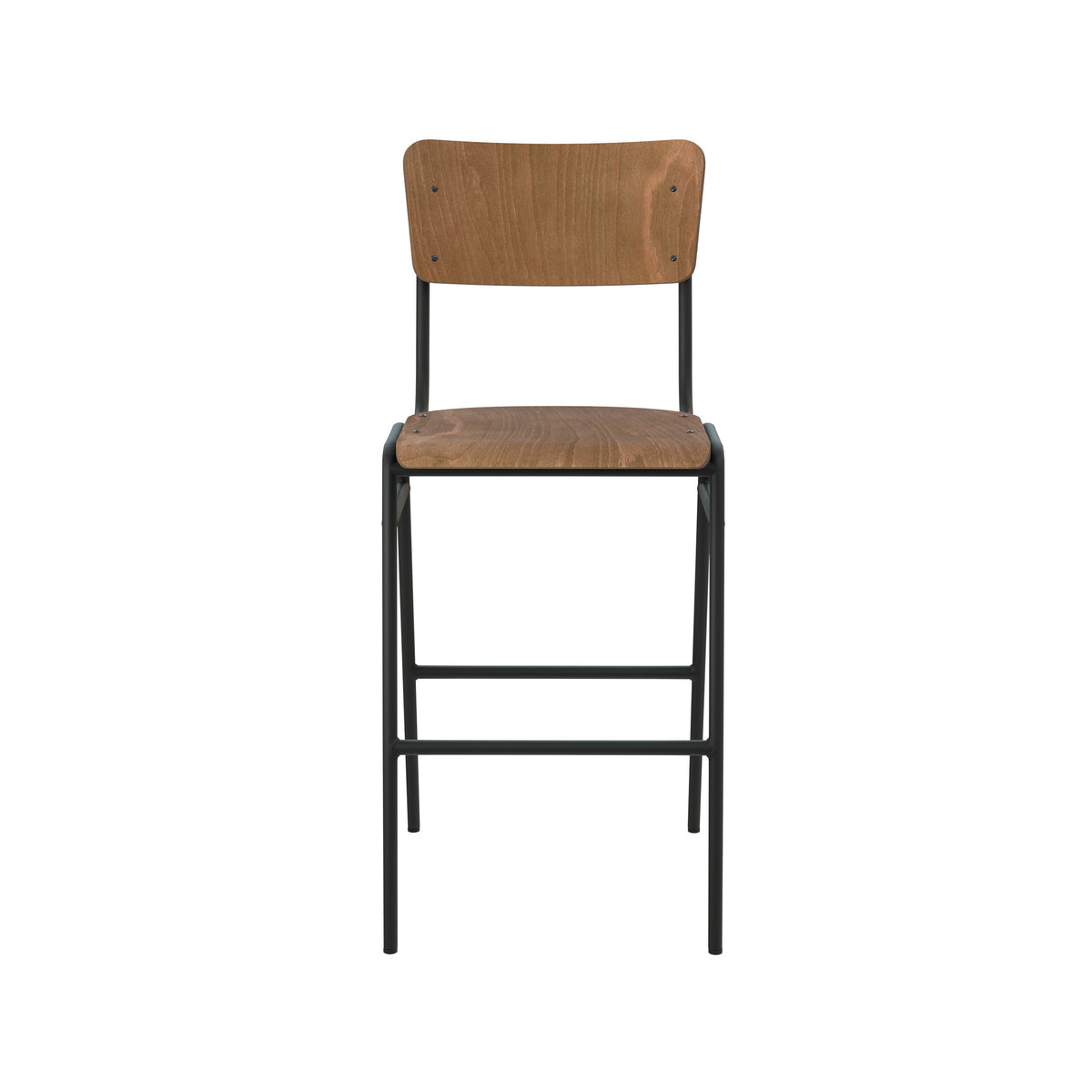 Chaise de bar mi-hauteur Clem bois foncé piétement métal noir vue face – Maison Pavane