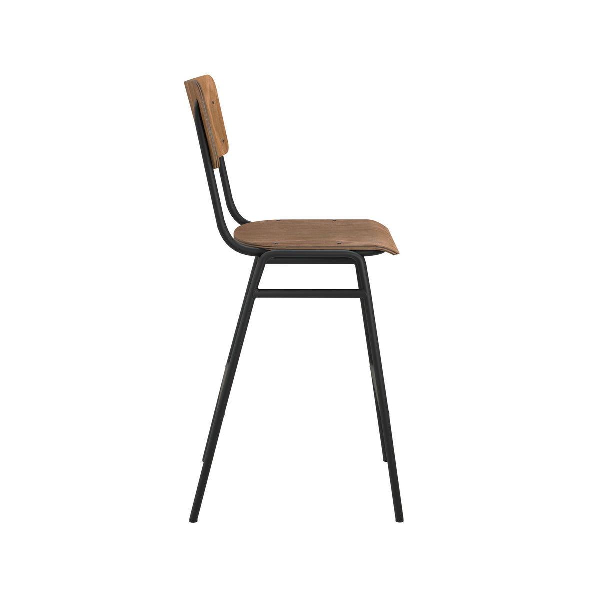 Chaise de bar mi-hauteur Clem bois foncé structure métal noir vue profil – Maison Pavane