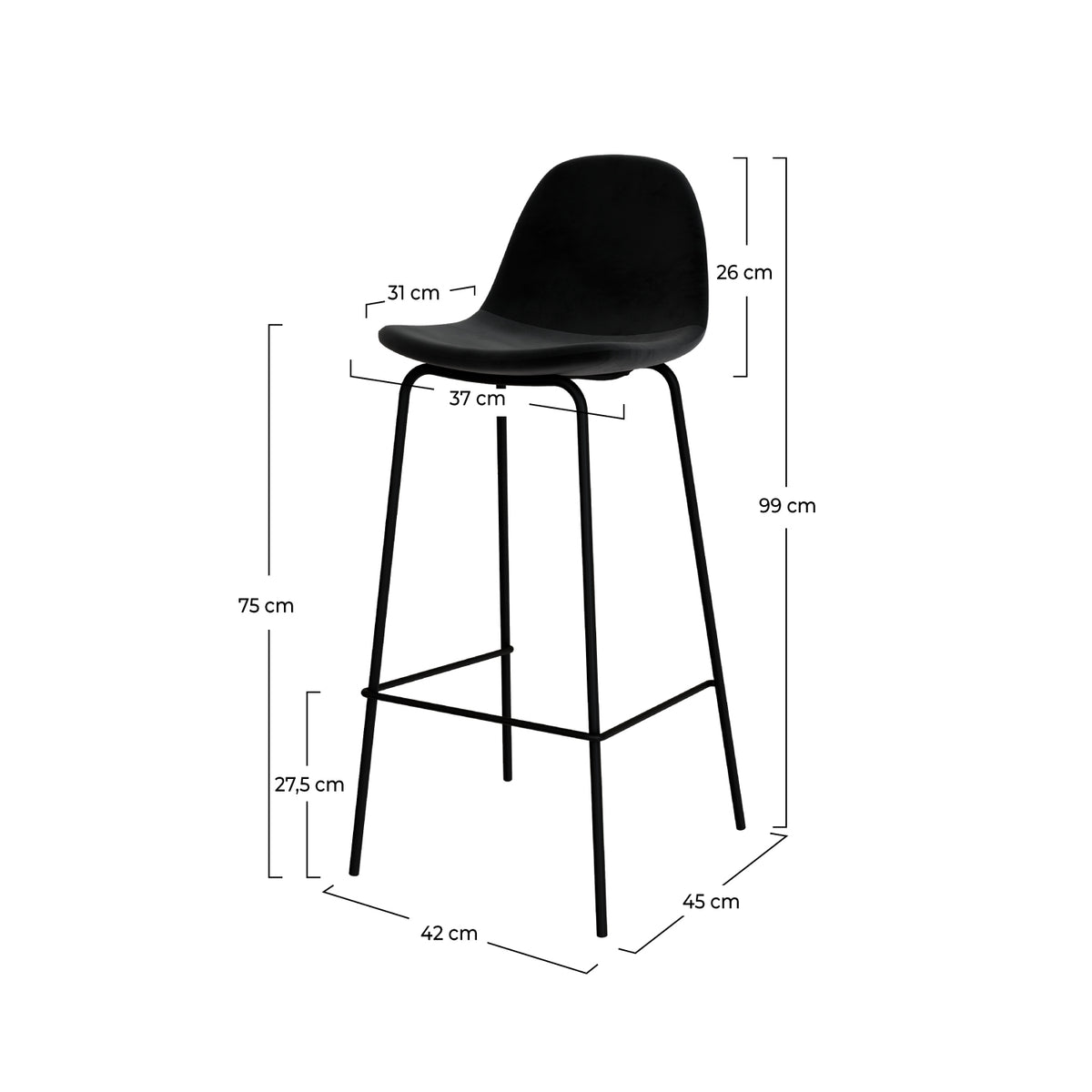 chaise de bar mi hauteur velours noir henrik 75cm
                            