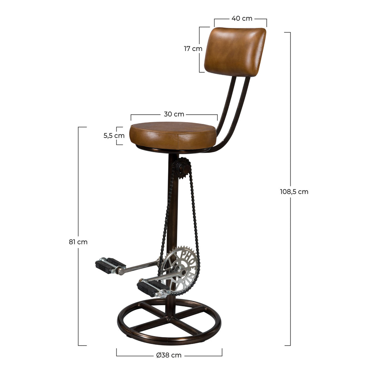 chaise de bar phoenix en cuir marron pedale velo