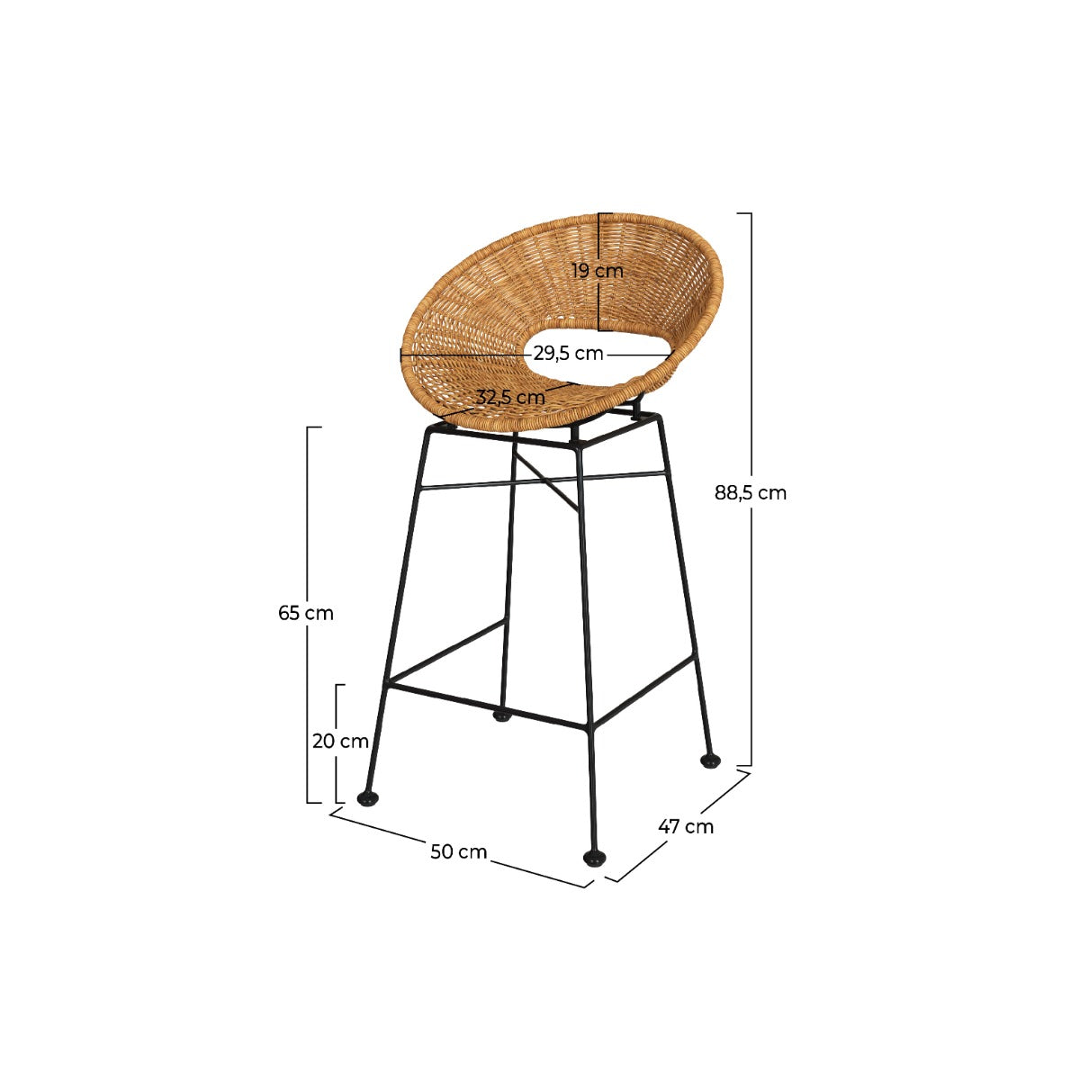 set di 2 sgabelli bar Rava in rattan intrecciato con gambe in metallo