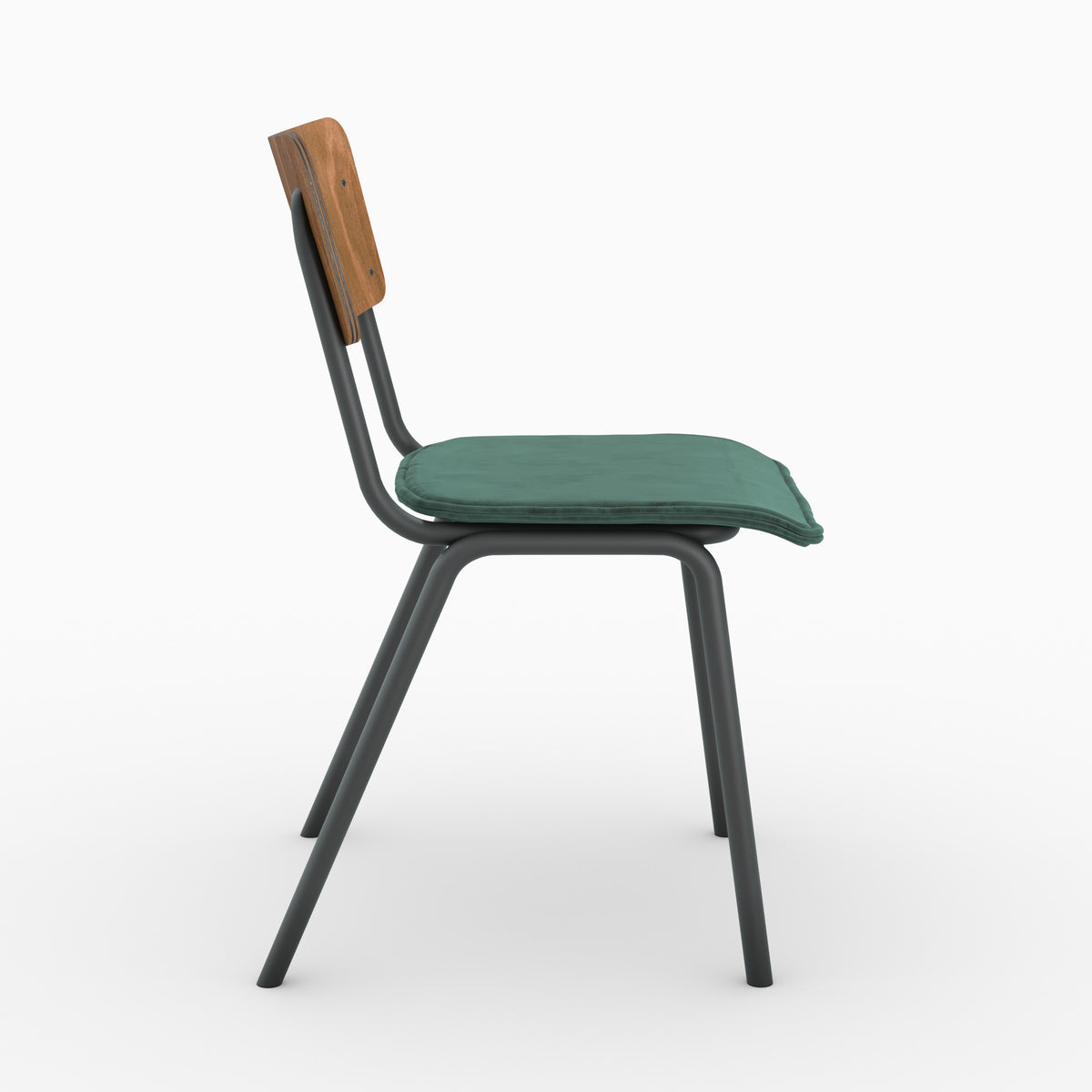Chaise écolier Nico assise velours vert dossier bois profil – Maison Pavane
