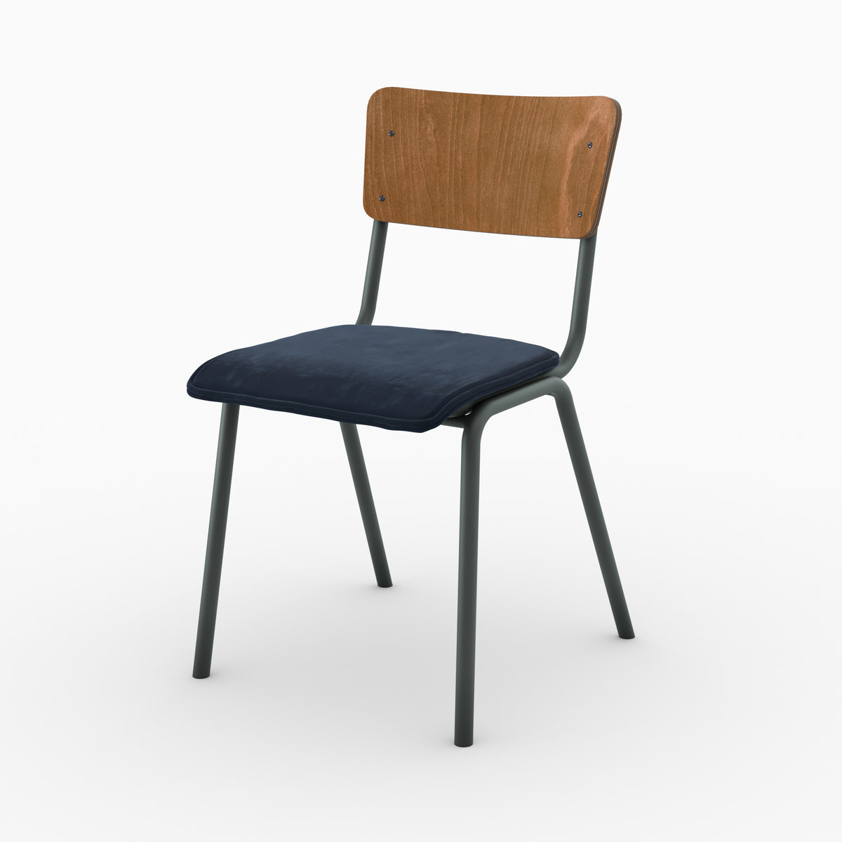 Chaise écolier Nico velours bleu assise rembourrée trois quarts face – Maison Pavane