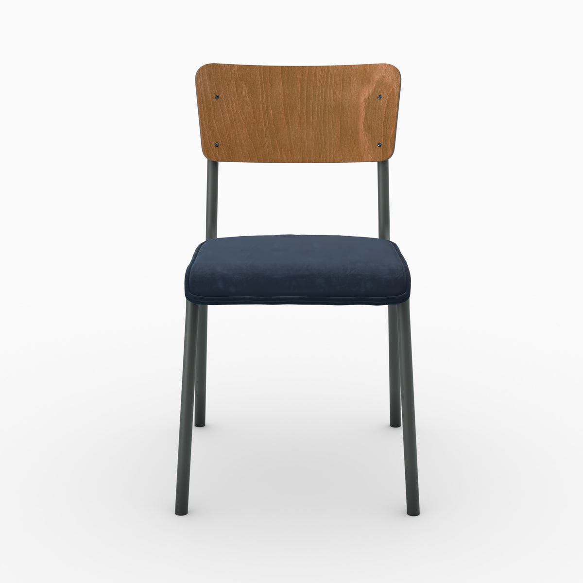 Chaise écolier Nico velours bleu marine dossier bois vue face – Maison Pavane