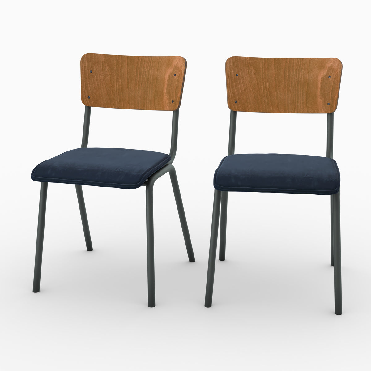 Chaise écolier Nico velours bleu marine piétement métal vue profil – Maison Pavane