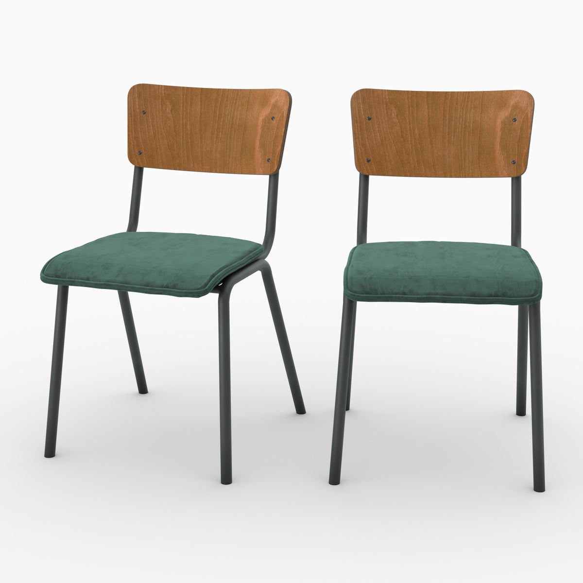 Chaise écolière Nico velours vert lot de 2 trois quarts – Maison Pavane