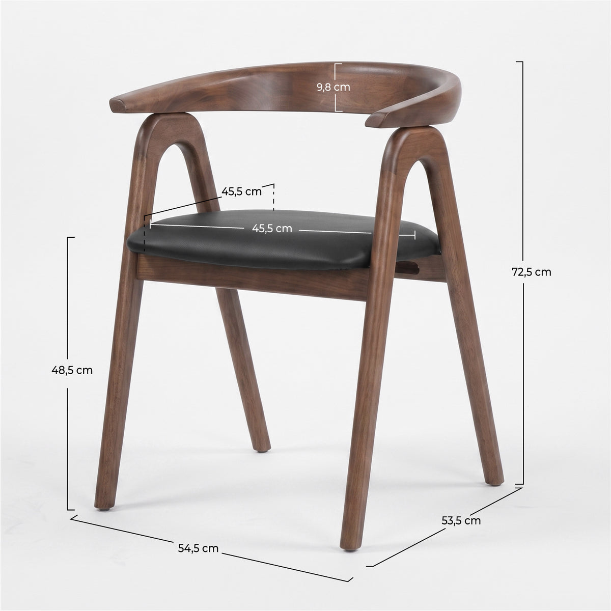 Dimensions de la chaise Hawa en bois d'hévéa marron et cuir synthétique noir - Maison Pavane