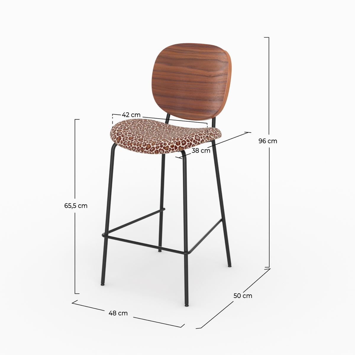 Dimensions de la chaise pour îlot central Simone en tissu léopard bordeaux et bois, pieds en métal noir - Maison Pavane