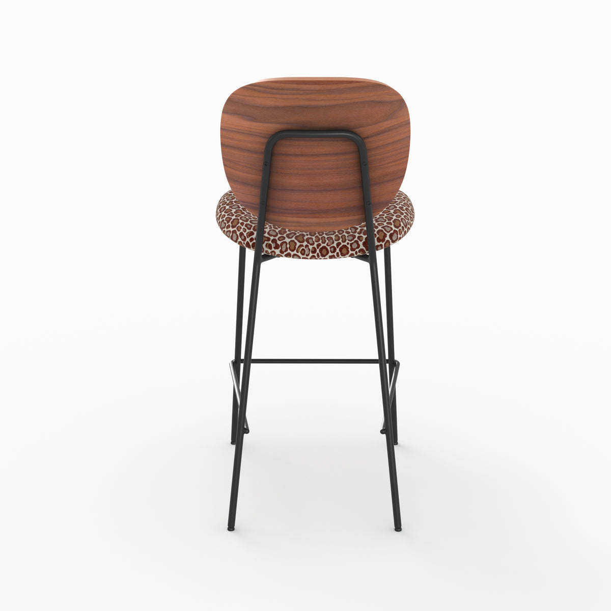 Chaise pour îlot central Simone en tissu léopard bordeaux et bois, pieds en métal noir, vue de dos - Maison Pavane