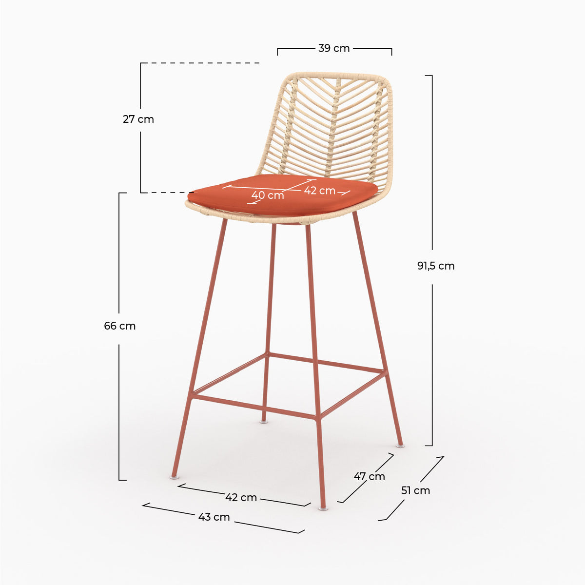 Dimensions de la chaise pour îlot central Tamara en rotin et tissu orange vermillon, assise 66 cm - Maison Pavane