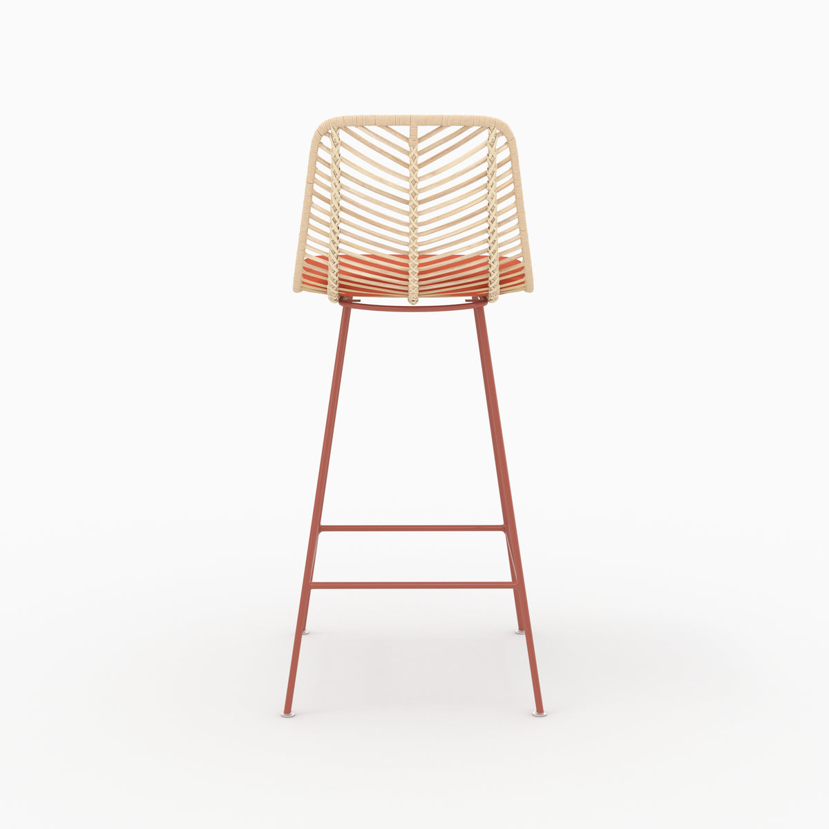 Chaise pour îlot central Tamara en rotin et tissu orange vermillon, vue de dos - Maison Pavane