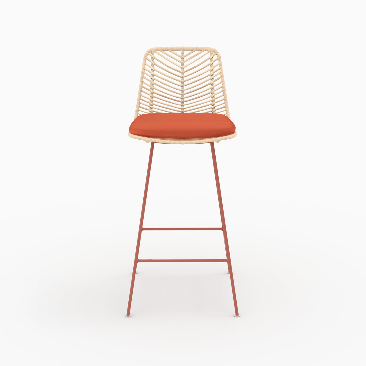 Chaise pour îlot central Tamara en rotin et tissu orange vermillon, assise 66 cm, vue de face - Maison Pavane