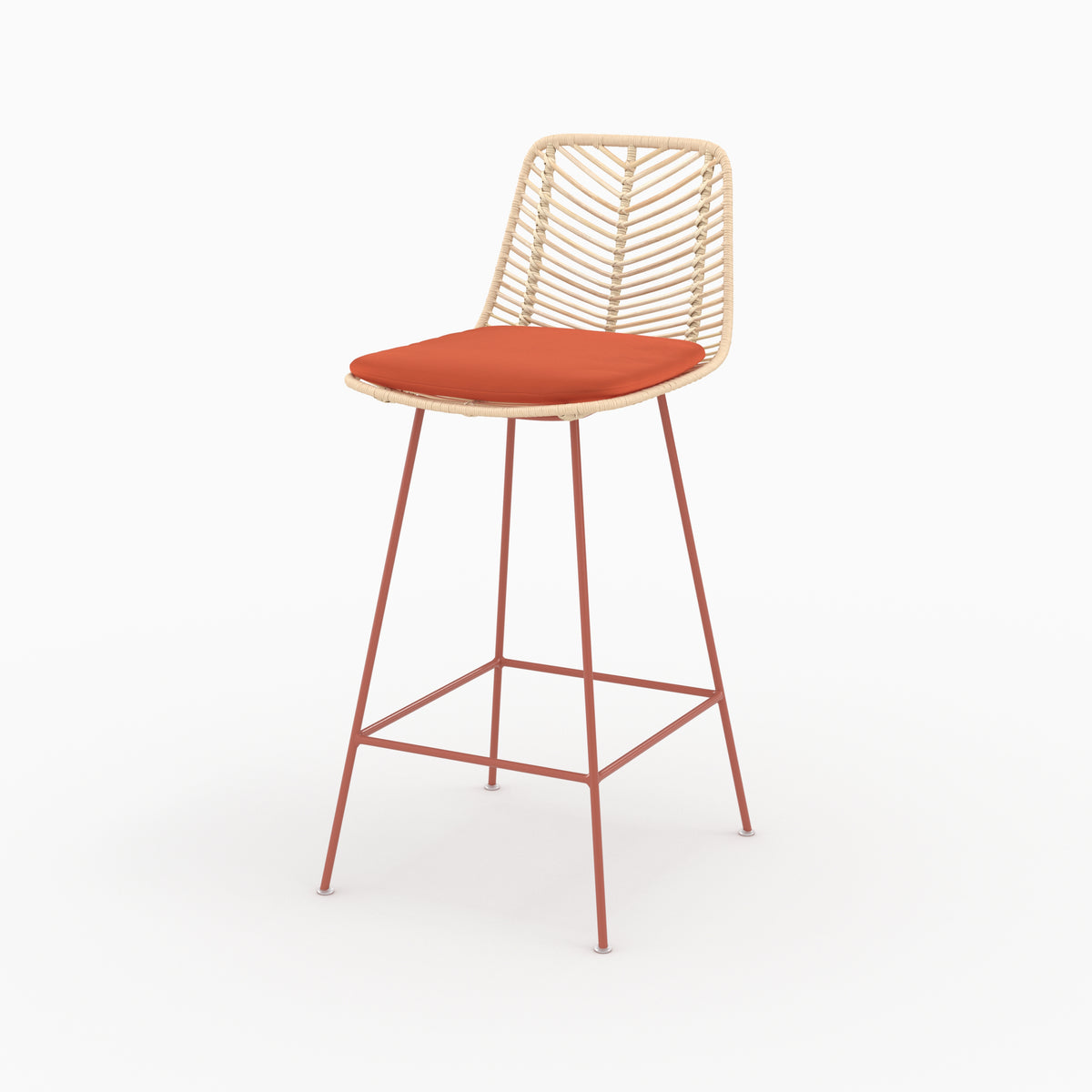 Chaise pour îlot central Tamara en rotin et tissu orange vermillon, vue de trois quarts - Maison Pavane
