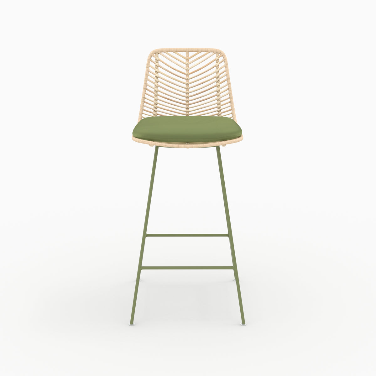 Chaise pour îlot central Tamara en rotin et tissu vert olive, assise 66 cm, vue de face - Maison Pavane