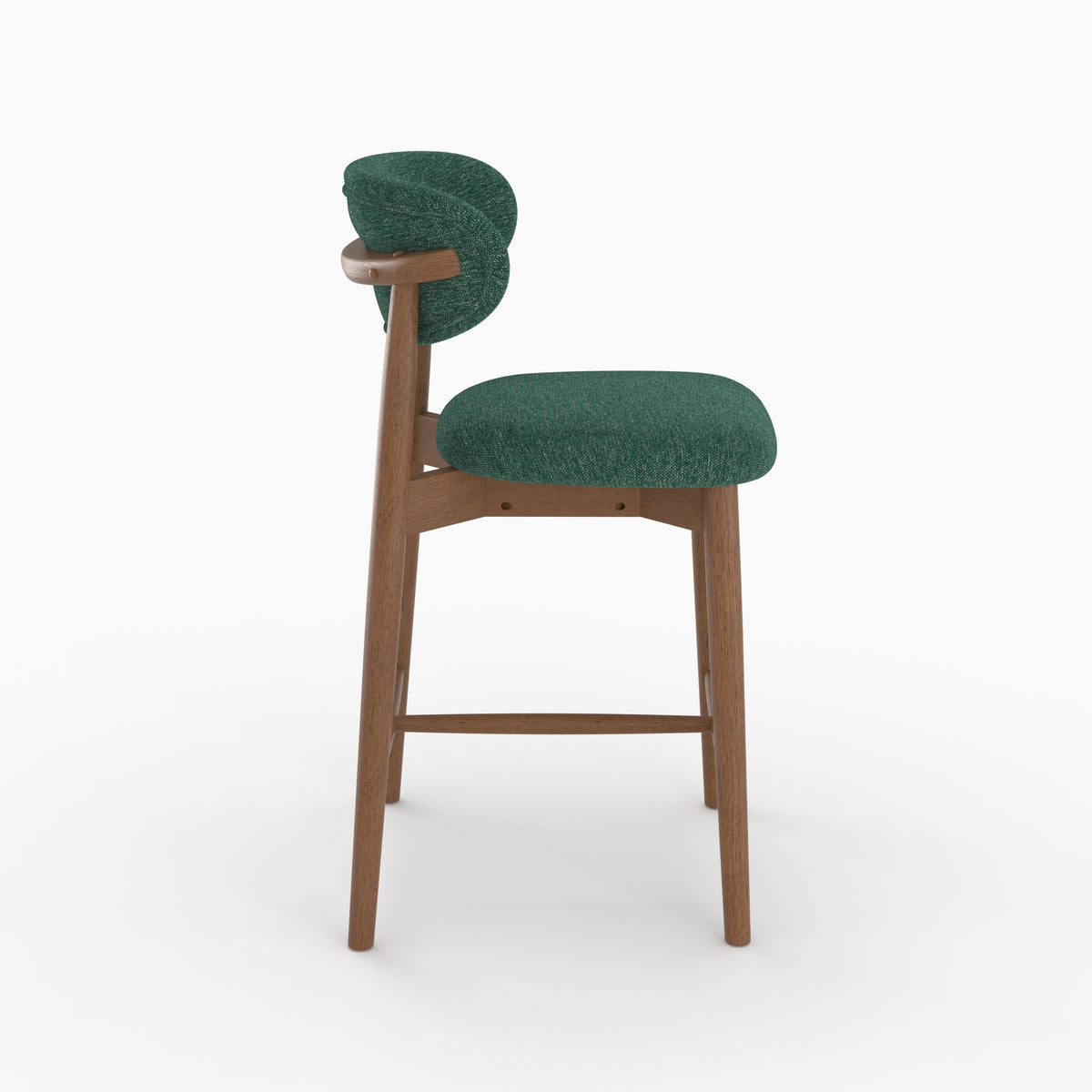 Chaise pour ilot central Yuna en tissu chiné vert sapin et bois foncé, vue de profil - Maison Pavane