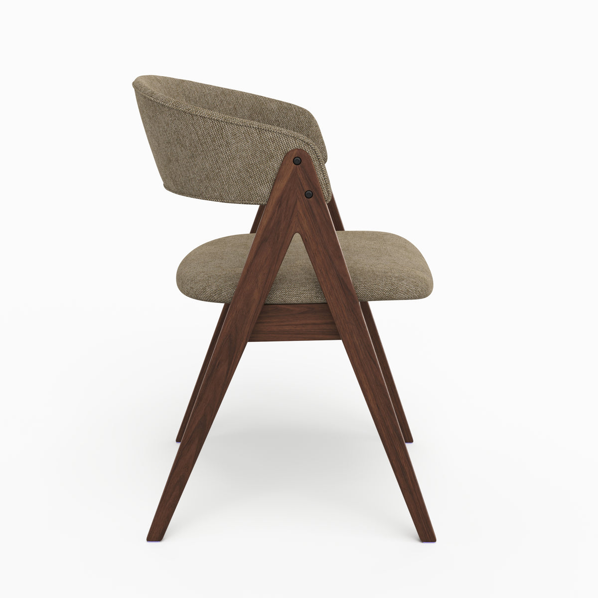 Chaise Isis en bois foncé et tissu vert olive, vue de profil - Maison Pavane