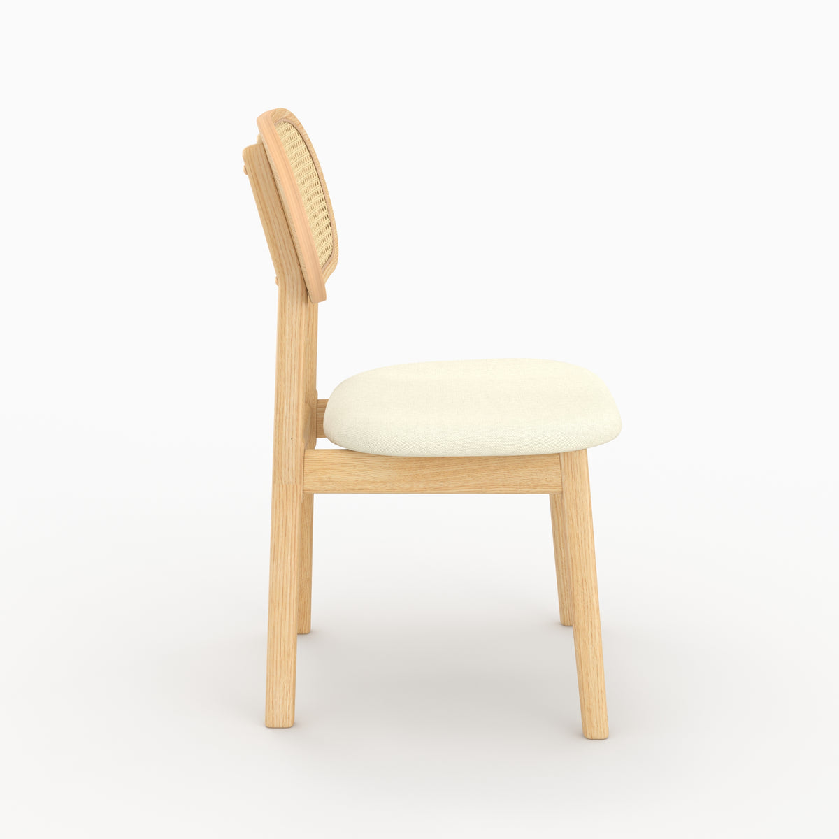 Chaise Maria bois clair rotin synthétique assise tissu blanc profil – Maison Pavane