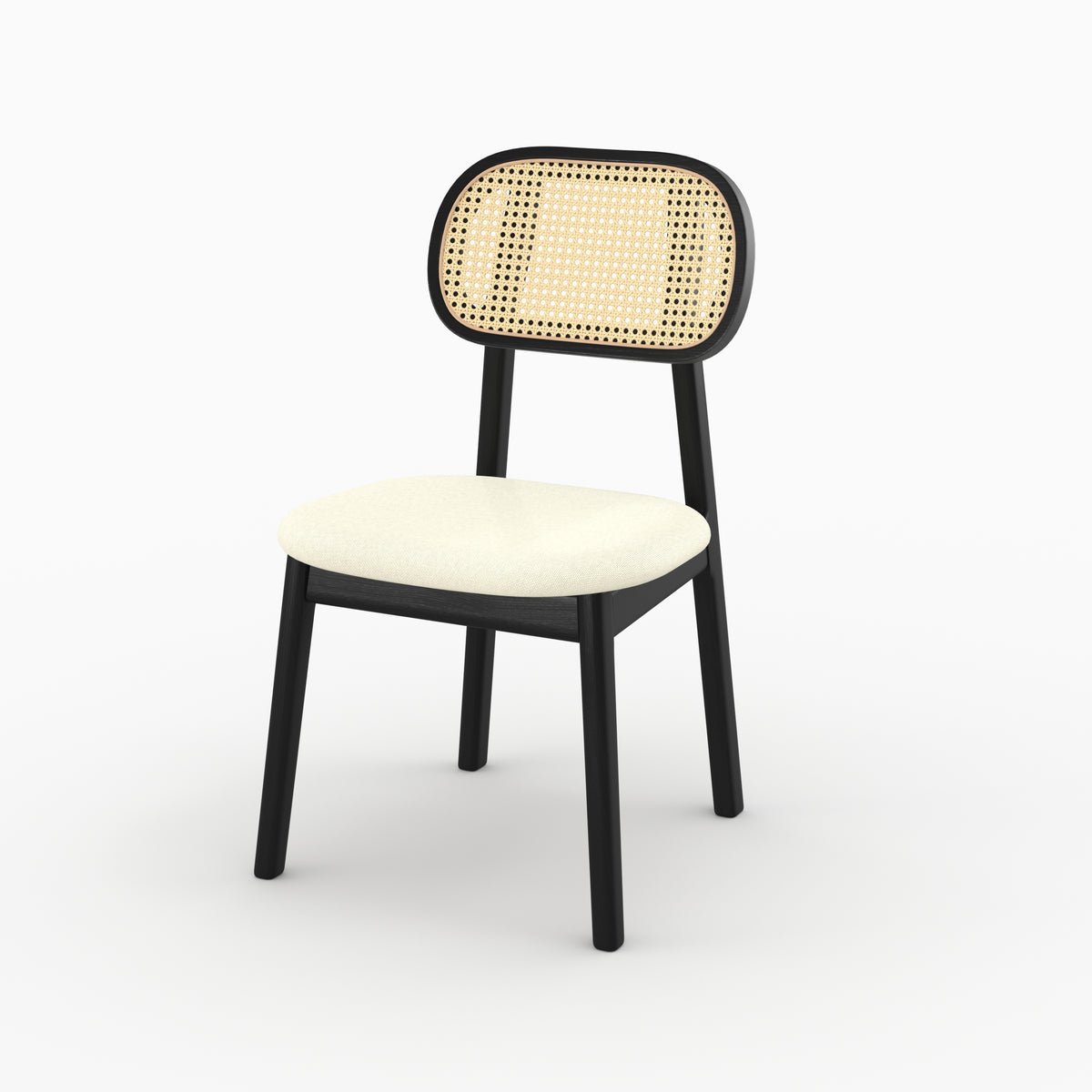 Chaise Maria cannage rotin bois noir assise beige trois quarts – Maison Pavane
