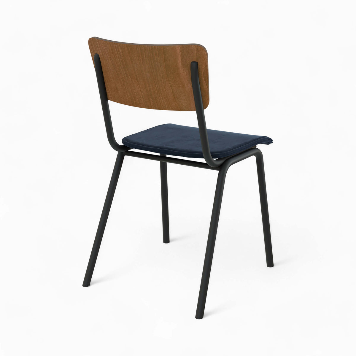 Chaise Nico écolier velours bleu dossier bois trois quarts arrière – Maison Pavane