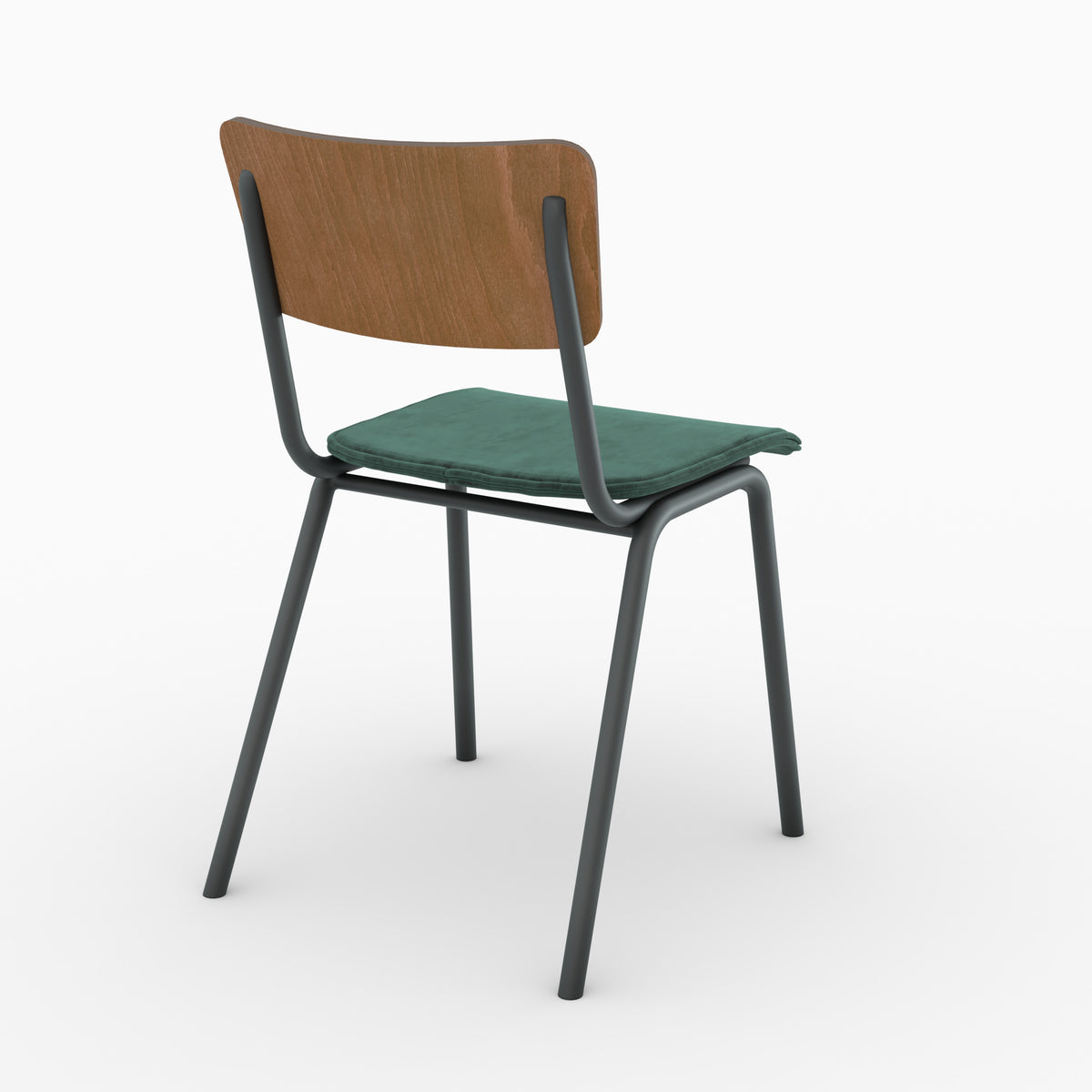 Chaise Nico style écolier velours vert piétement métal noir trois quarts arrière – Maison Pavane